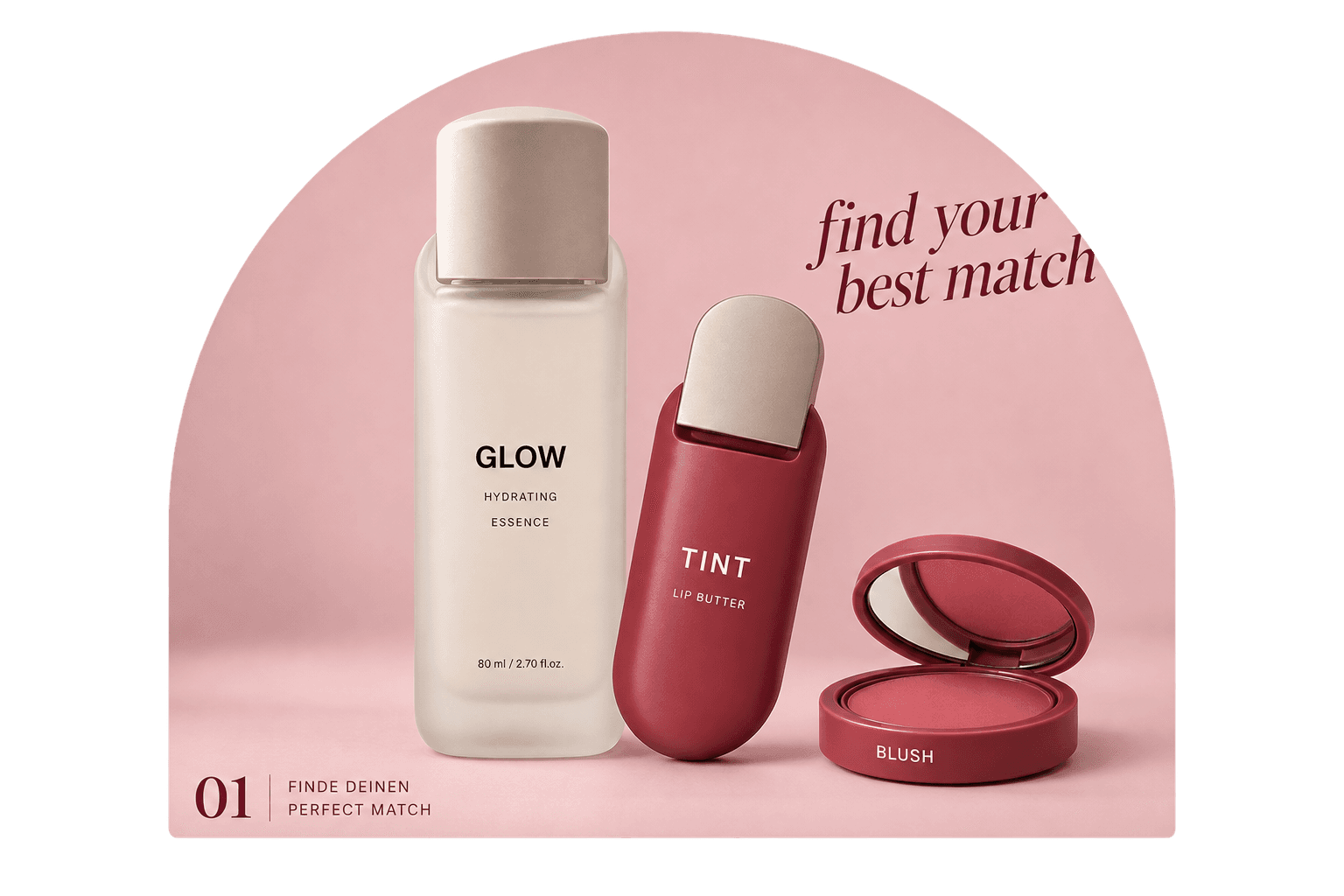 Glow Essence, Lip Tint und Blush in einer rosa Beauty-Komposition